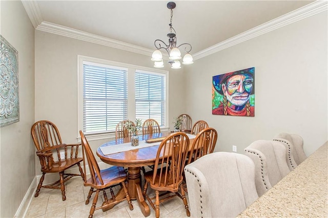 dining area featuring light tile patterned floors, crown molding, and an inviting chandelier