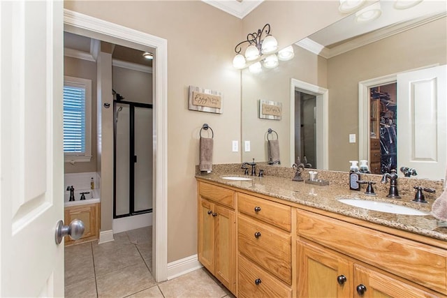 bathroom with crown molding, tile patterned flooring, vanity, and a shower with shower door