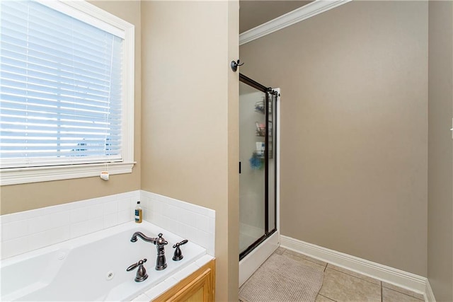 bathroom with tile patterned flooring, plus walk in shower, and ornamental molding