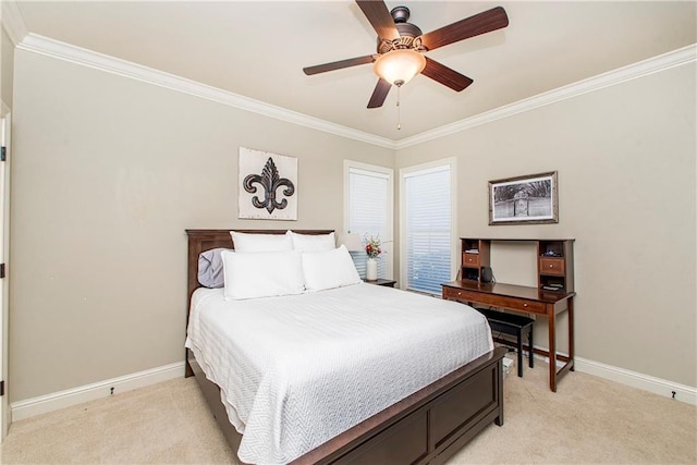 bedroom with ceiling fan, crown molding, and light carpet