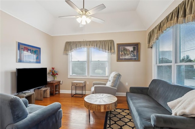 living room featuring hardwood / wood-style floors, ceiling fan, lofted ceiling, and a tray ceiling