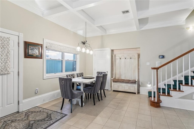 dining space with a notable chandelier, beam ceiling, light tile patterned floors, and coffered ceiling