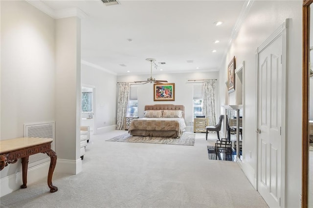 bedroom with light carpet and ornamental molding