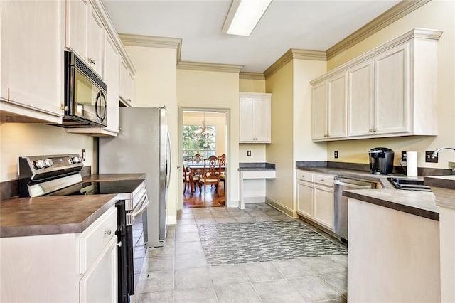 kitchen with white cabinetry, sink, a notable chandelier, crown molding, and appliances with stainless steel finishes