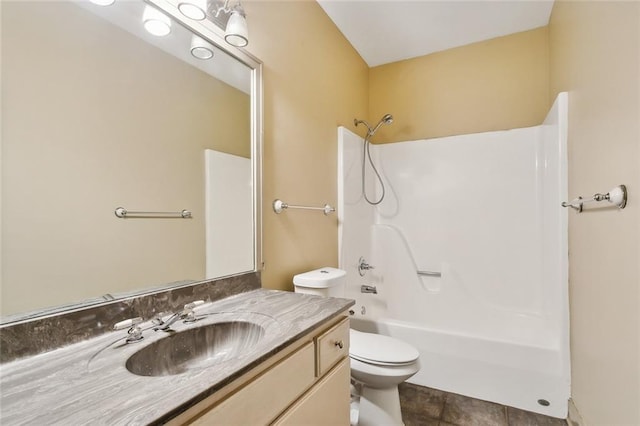 full bathroom featuring shower / tub combination, tile patterned flooring, vanity, and toilet