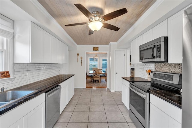 kitchen featuring white cabinets, wood ceiling, and appliances with stainless steel finishes