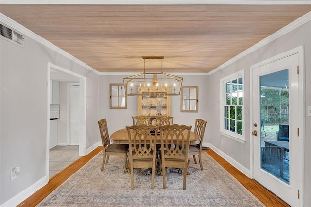 dining space featuring wooden ceiling, hardwood / wood-style flooring, and crown molding