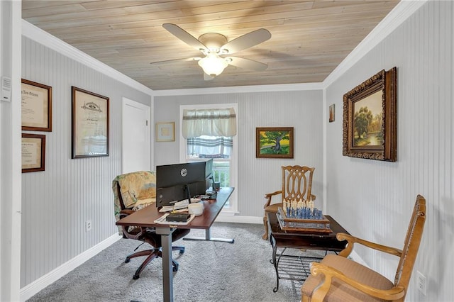 home office featuring ceiling fan, crown molding, and wood ceiling