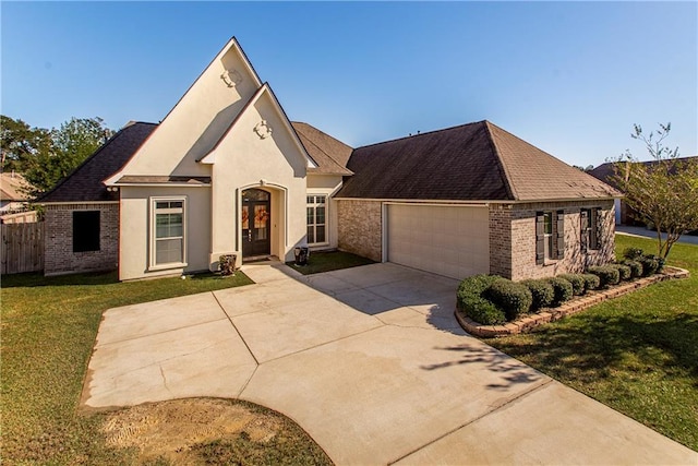 french country home with a garage and a front lawn