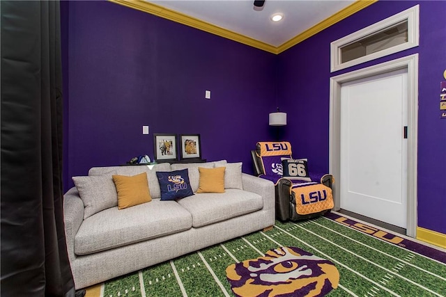 living room featuring crown molding