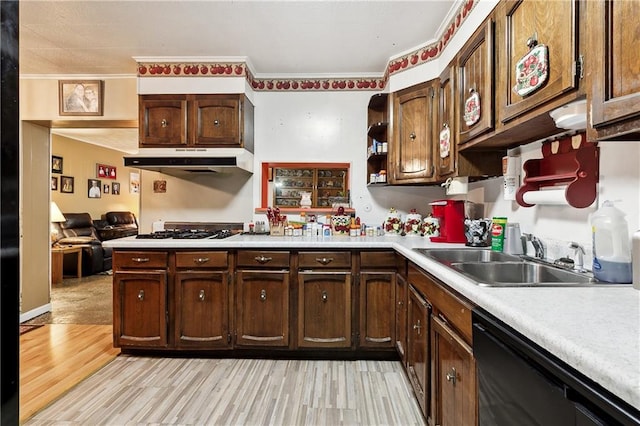 kitchen with sink, black dishwasher, gas cooktop, light wood-type flooring, and ornamental molding