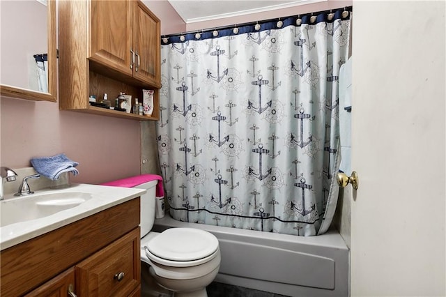 full bathroom featuring vanity, toilet, and shower / bathtub combination with curtain