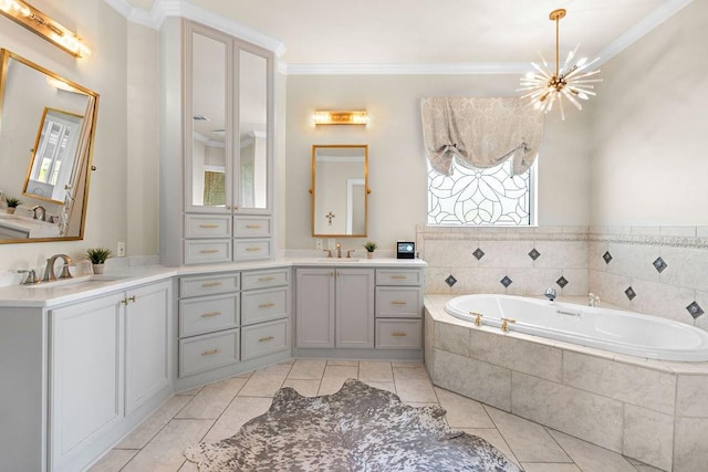 bathroom with crown molding and tile patterned flooring