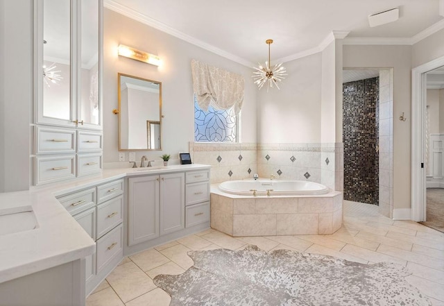 bathroom featuring plus walk in shower, tile patterned flooring, a chandelier, vanity, and ornamental molding