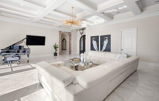 living room with beam ceiling, ornamental molding, and coffered ceiling