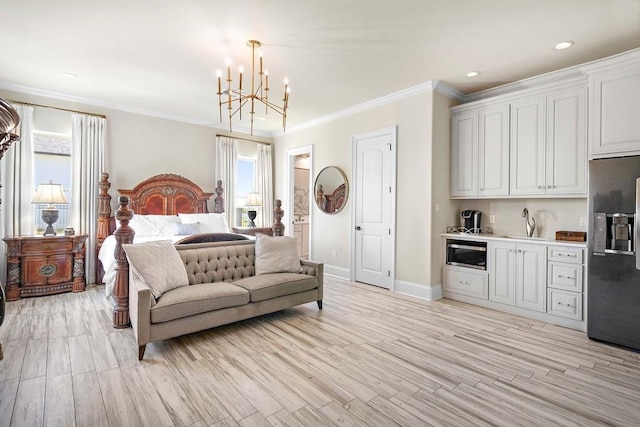 bedroom featuring stainless steel fridge, ornamental molding, sink, light hardwood / wood-style flooring, and a chandelier