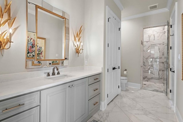 bathroom with vanity, toilet, a shower with shower door, and crown molding