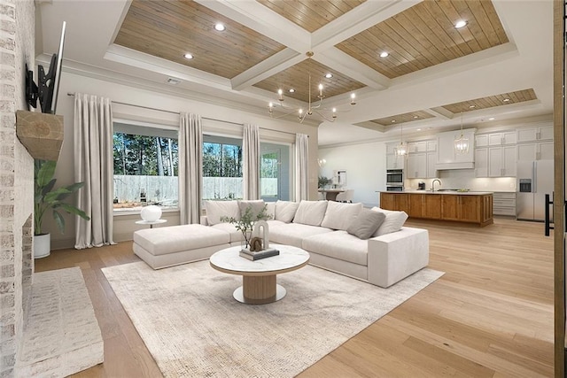 living room with light wood finished floors, wooden ceiling, and coffered ceiling