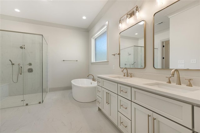 bathroom featuring marble finish floor, visible vents, a sink, and a marble finish shower