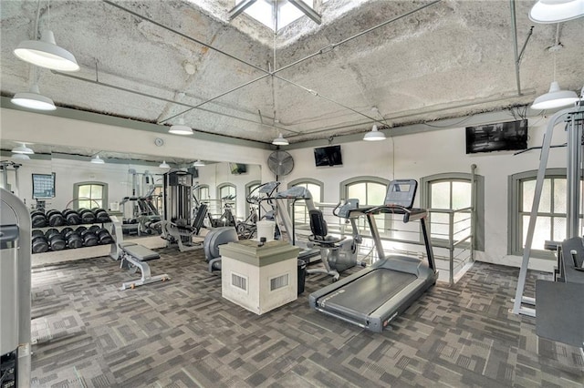 exercise room with dark carpet