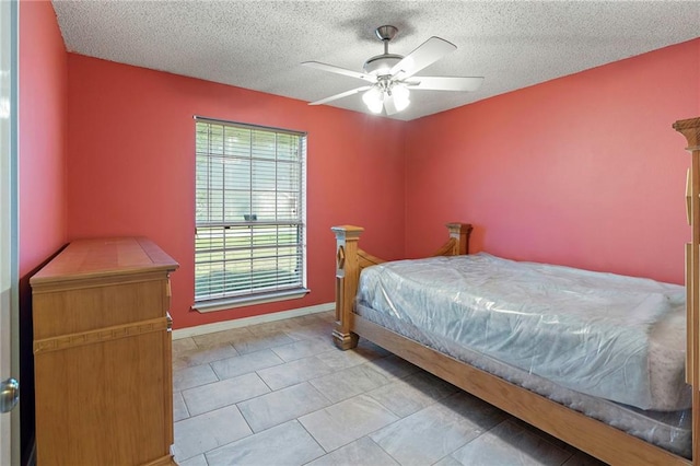 bedroom featuring a textured ceiling and ceiling fan