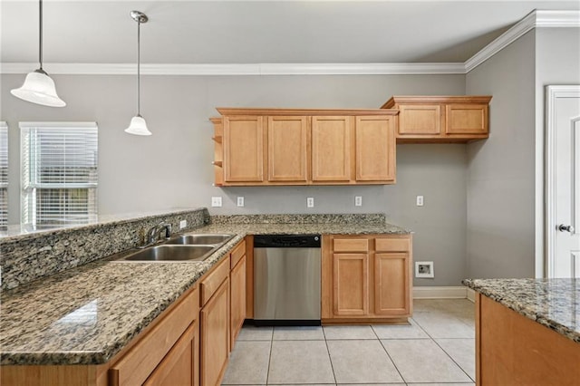 kitchen with dishwasher, crown molding, sink, and hanging light fixtures