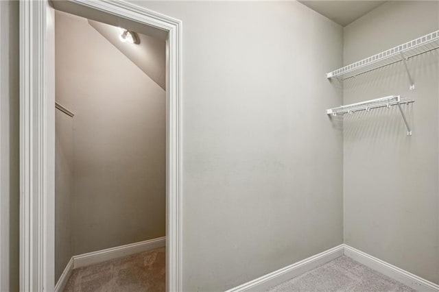 walk in closet featuring light carpet