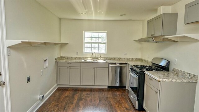 361 Helis Dr, Westwego, LA 70094 - kitchen featuring appliances with stainless steel finishes, gray cabinetry, a sink, and dark wood finished floors