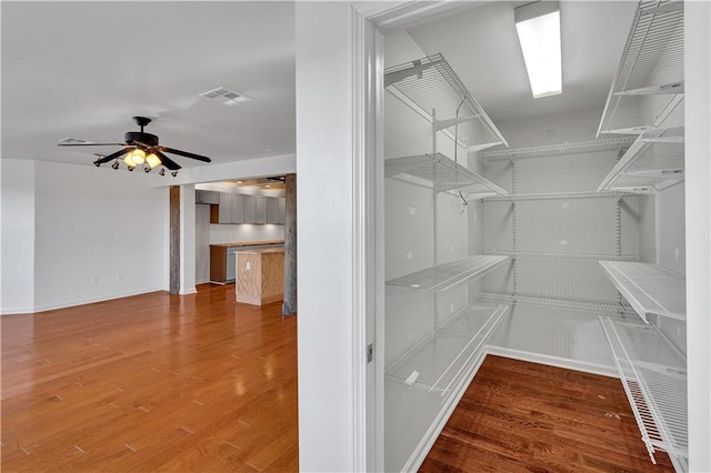 walk in closet featuring wood-type flooring and ceiling fan