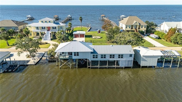 aerial view featuring a water view