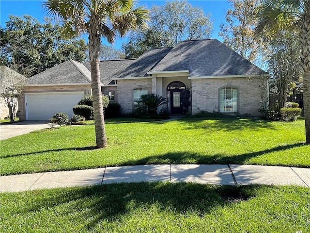 ranch-style house featuring a front lawn and a garage