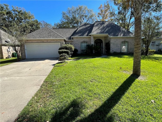 ranch-style home with a front lawn and a garage