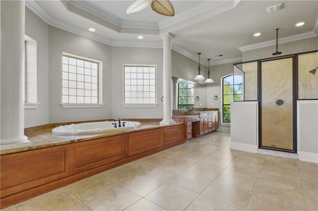 bathroom with decorative columns, tile patterned floors, ceiling fan, crown molding, and shower with separate bathtub