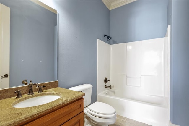 full bathroom with tile patterned floors, ornamental molding,  shower combination, vanity, and toilet