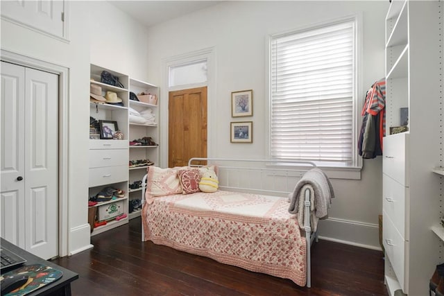 bedroom featuring multiple windows, a closet, and dark wood-type flooring