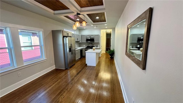 kitchen with coffered ceiling, stainless steel appliances, dark wood-type flooring, a kitchen island, and hanging light fixtures