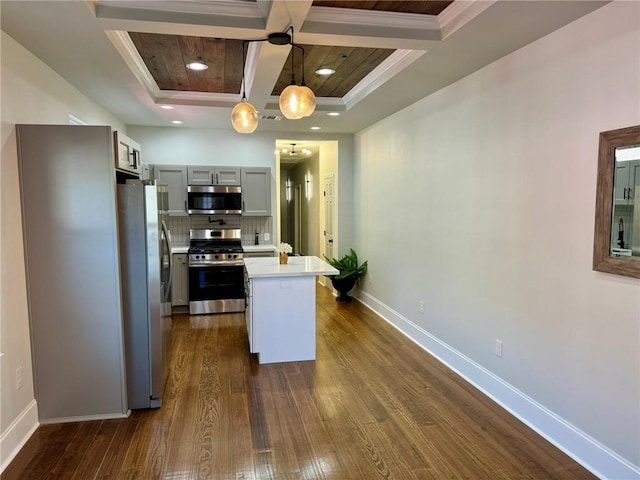 kitchen with backsplash, dark wood-type flooring, hanging light fixtures, appliances with stainless steel finishes, and a kitchen island