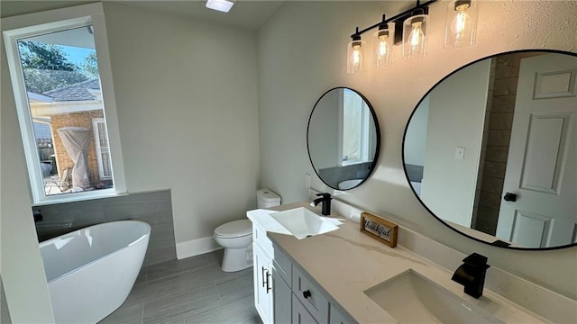 bathroom featuring a bathtub, toilet, and vanity