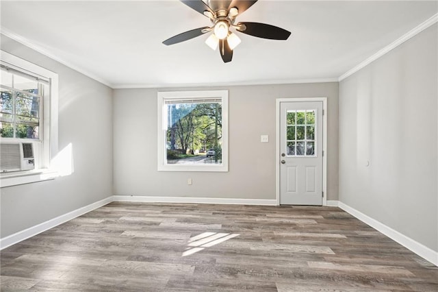 empty room with wood-type flooring, crown molding, and a wealth of natural light