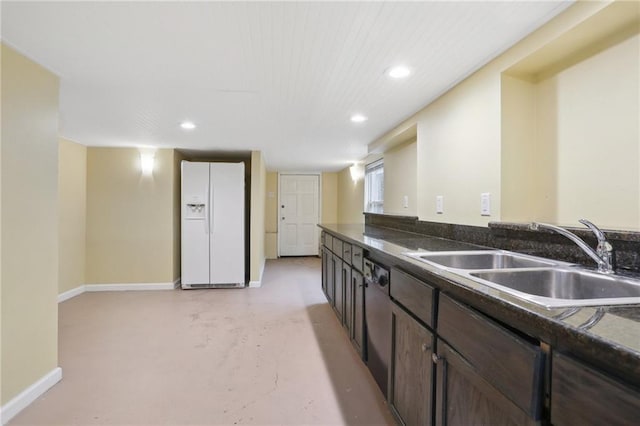 kitchen featuring stainless steel dishwasher, dark brown cabinets, white fridge with ice dispenser, and sink