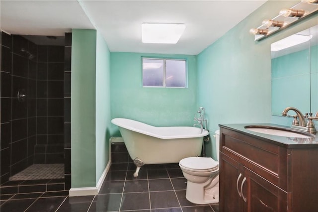 full bathroom featuring tile patterned flooring, vanity, separate shower and tub, and toilet