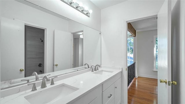 bathroom with hardwood / wood-style floors and vanity