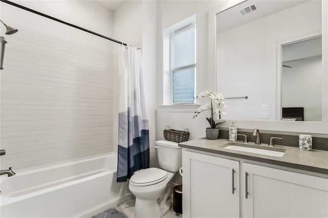 bathroom with toilet, shower / bathtub combination with curtain, visible vents, and vanity