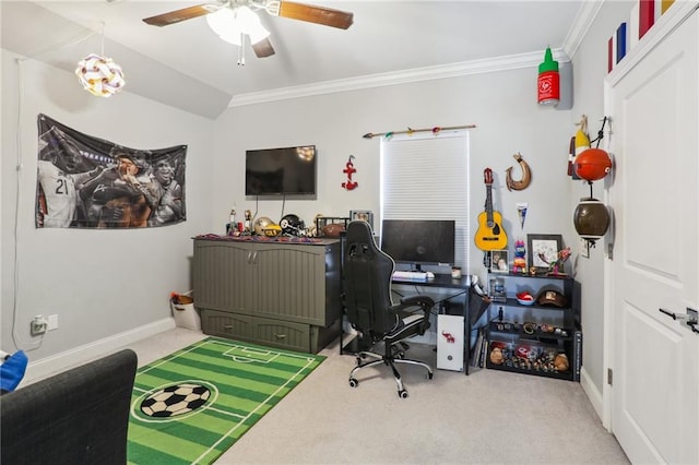 office featuring ceiling fan, carpet floors, crown molding, and vaulted ceiling