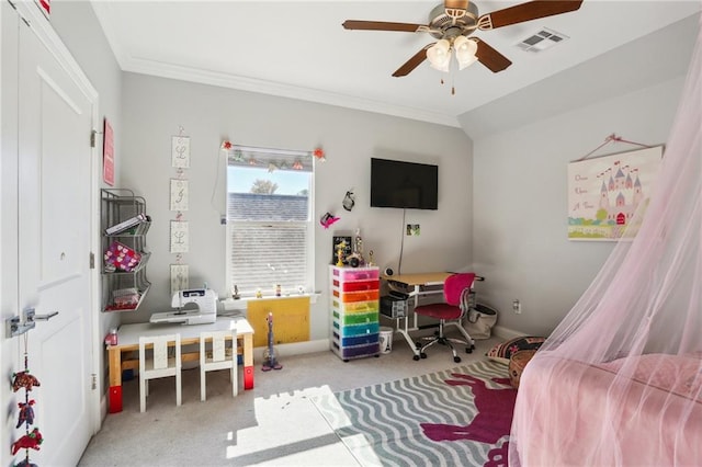 recreation room featuring light carpet, ceiling fan, and ornamental molding