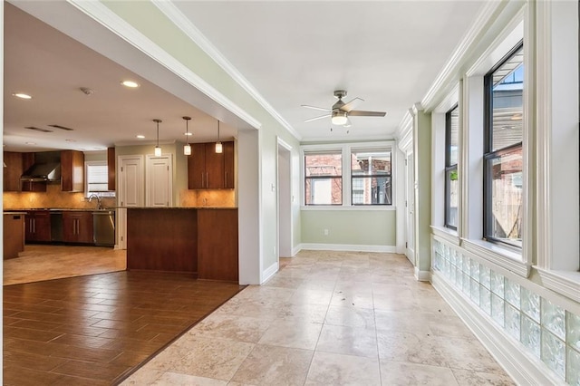 kitchen with dishwasher, premium range hood, ceiling fan, ornamental molding, and tasteful backsplash