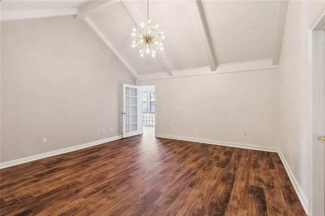 spare room with high vaulted ceiling, beamed ceiling, dark wood-type flooring, and a notable chandelier