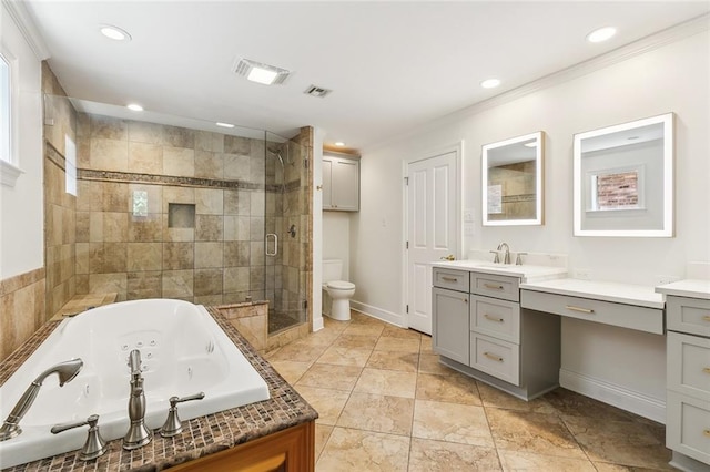 full bathroom featuring vanity, shower with separate bathtub, toilet, and crown molding