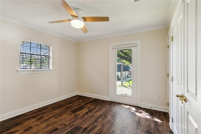 unfurnished room with ceiling fan, crown molding, and dark wood-type flooring