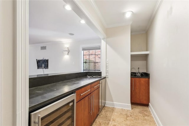 bar featuring wine cooler and ornamental molding